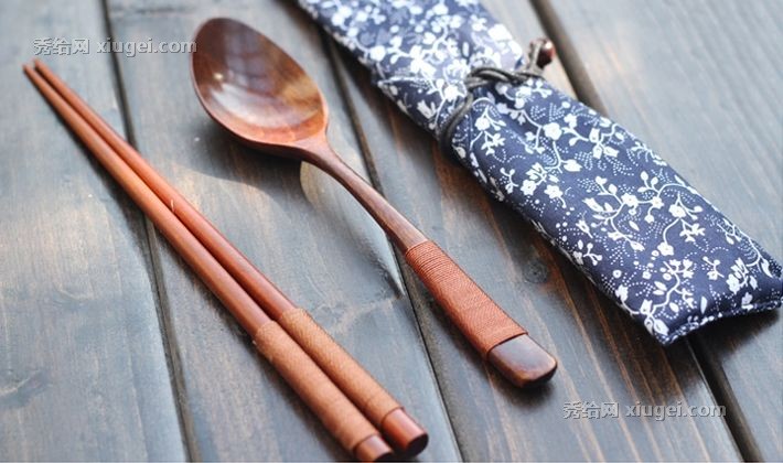 日式和风木质勺筷组合，川岛屋布艺便携式餐具，货号: KA-FC003