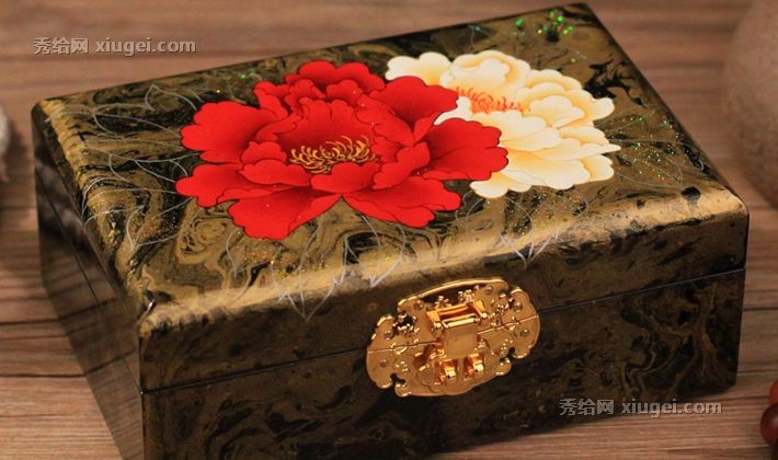 永隆手工彩绘首饰盒，木质漆器珠宝盒，YL-0100876带锁新婚创意饰品盒