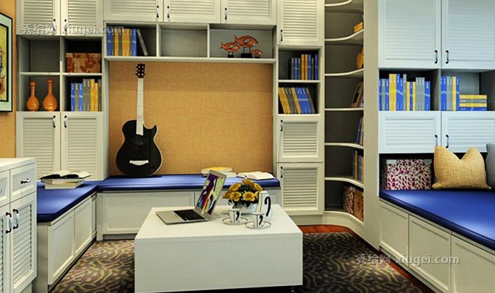 维意休闲娱乐书房定制，多功能L型榻榻米家具组合，88433a储物空间搭配
