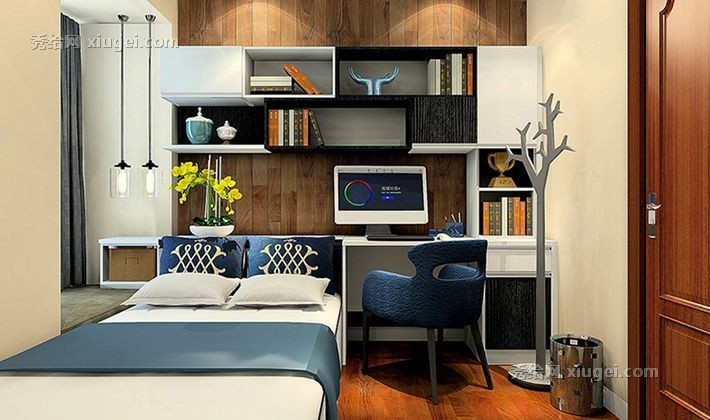 尚品宅配简约书房全屋定制，一字型书桌书柜组合，家具型号: C23659