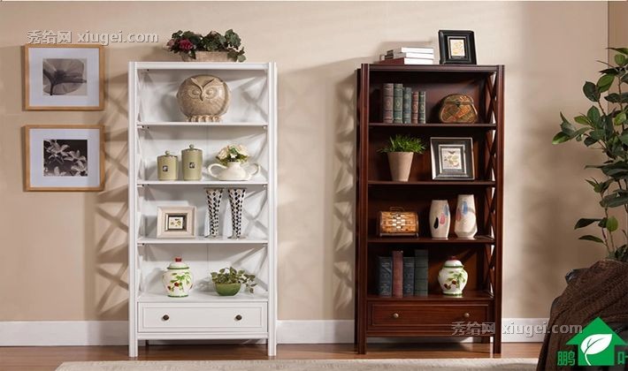 鹏叶欧式实木书柜，多层书报展示架，实木储物柜，型号S-91