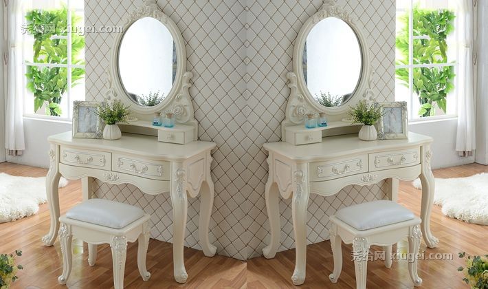 玛丽格勒卧室白色梳妆台，雕花烤漆田园化妆台，三节导轨实用梳妆台