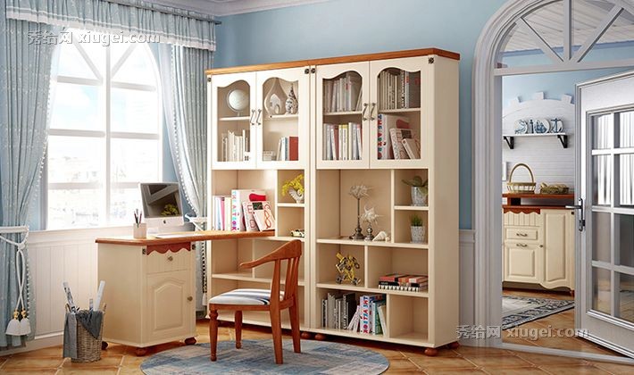 橡胶木带抽屉书桌，LSN1V学生电脑桌组合，林氏木业连体书桌书柜