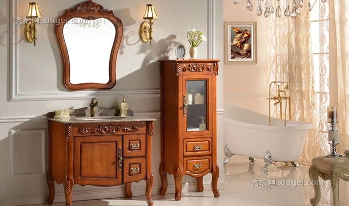 迪维克欧式奢华实木落地式台盆，仿古D-8006系列雕刻浴室柜，大理石台面