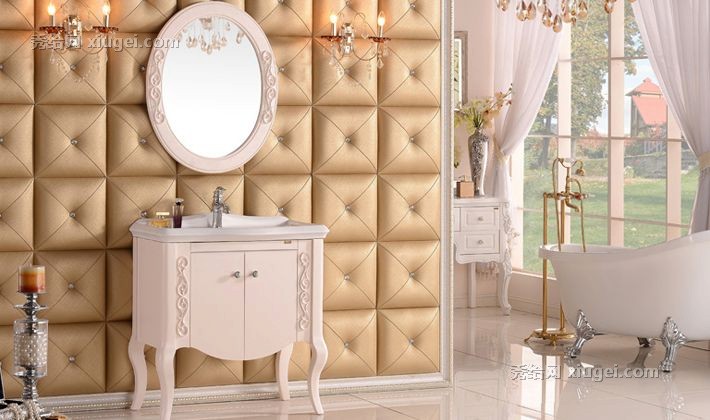 迪维克D-8028型奢华品质欧式浴室柜，象牙白橡木银镜双门落地柜