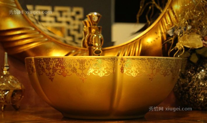 景焱卫浴间金色陶瓷台上盆，景德镇单孔描金花饰盆具，型号: T-038