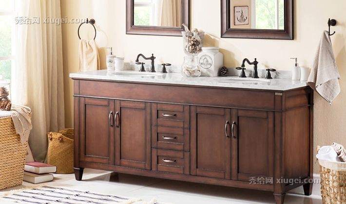 双台盆美式橡木浴室柜，MANCEL/曼姿落地洗手盆，型号MQ012-3c