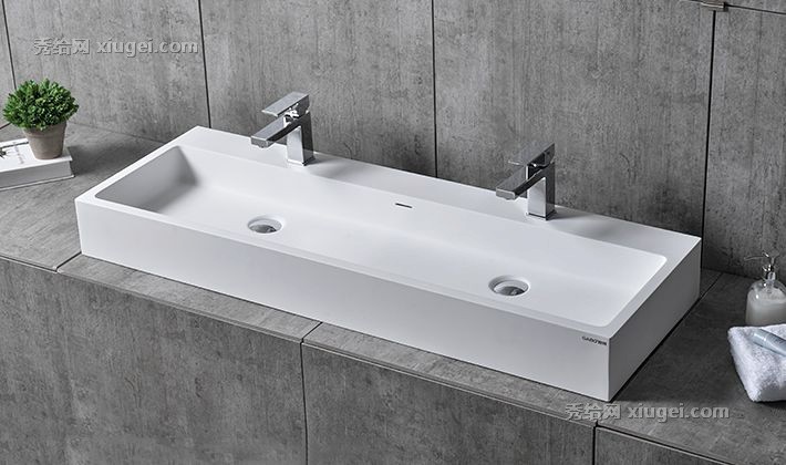 方形极简艺术盆，型号10147双台盆设计，GABO/观博人造石台上盆