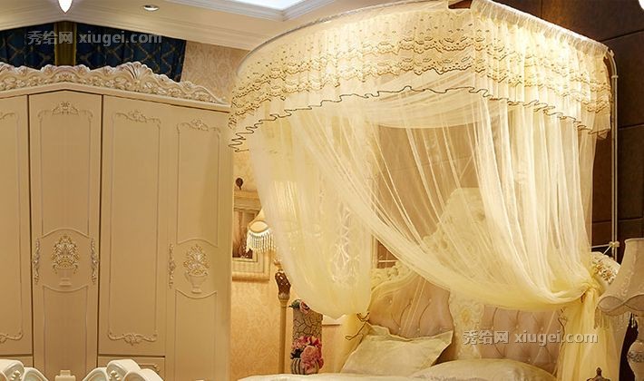 骄子爱宫廷式三开门蚊帐，360度防蚊密纱落地式帐子，货号: HQYX