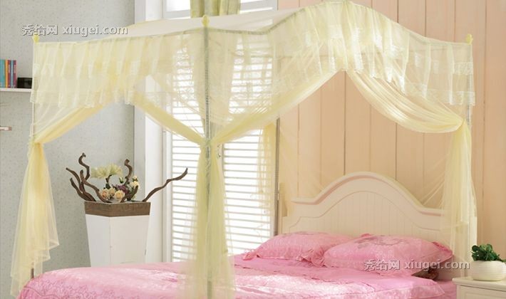 圣安贝浅黄色三门宫廷蚊帐，不锈钢框架1.5M单人床防蚊罩