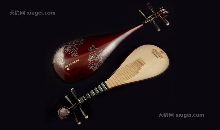 星海实木色复古琵琶，红木烤漆印花民族乐器，雕花头饰初学者弹拨小琵琶
