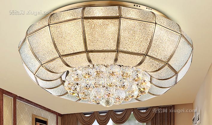 龟兔欧式全铜包边吸顶灯，LED光源客厅灯具，仿水钻玻璃灯罩吸顶灯