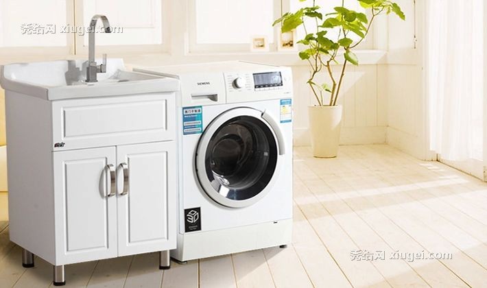 现代简约9082型号实木陶瓷洗衣柜，舒克落地式一体白色洗衣池