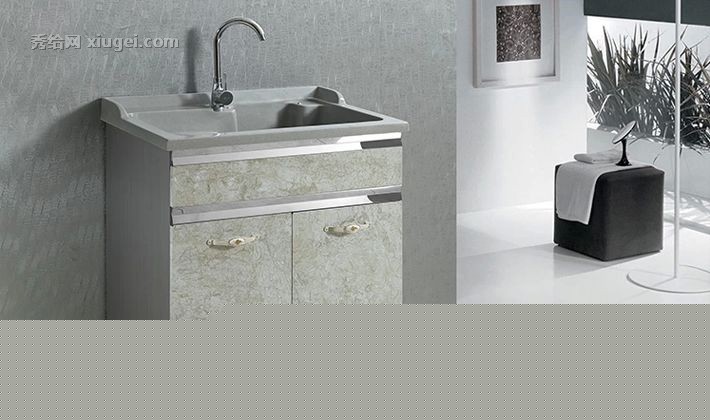 卓卫现代简约落地式不锈钢洗衣柜，石英石储物洗衣池，zw5061