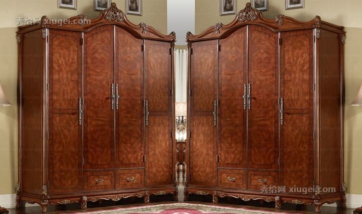 美式推拉门广兰衣柜，双面雕花平开四门衣橱，实木QM0838整体衣柜