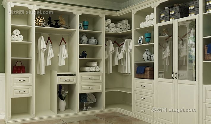 玛格暖白色步入式衣帽间定制，多收纳开放型整体衣柜，型号: Y10001