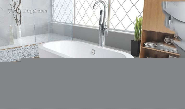 欧柏尼独立式白色宽边浴缸，亚克力带抽拉式花洒浴盆，型号：6R01