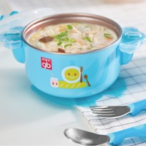 好孩子可注水双耳碗，不锈钢保温保冷宝宝餐具，货号: 保温碗+叉勺+杯子