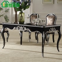 源梦家具品牌黑色描银饭桌,复古组装雕花餐桌椅,型号: ymopf-009