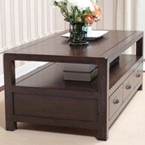 水曲柳全实木美式客厅茶几，源氏木语带抽屉大容量茶几，货号A8141B