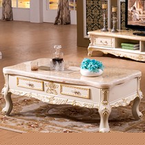 永旭天然大理石茶几，长方形橡木茶桌，描金雕花实木茶几型号: 210