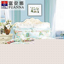 富安娜简约风蓝色全棉四件套，1.8米床单活性印花，斜纹晨园幽香系列床品