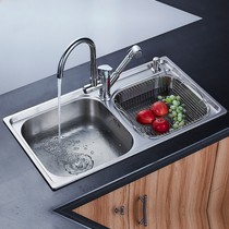 卡贝不锈钢双槽洗碗池，带沥水篮冷热交替厨房水池，型号：水槽新品