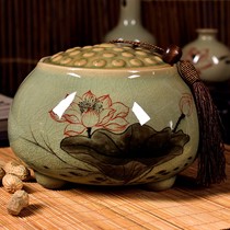 东方泥土荷花茶叶罐摆件,D13-03A陶瓷家居饰品,多功能手绘摆设品