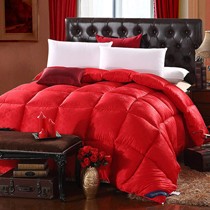 美罗家纺红色大方格婚庆羽绒被，贡缎提花面料时尚奢华，精致绗缝工艺平整贴服