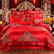 茵缦中国风婚庆家纺，金线绣花工艺床品YM-8689，蕾丝花边全棉床裙