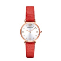 阿玛尼皮玫瑰金圆形革带女式手表，不锈钢轻薄防水石英表，型号：AR1876