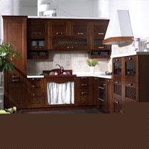 加利安红棕色南美樱桃实木整体橱柜，石英石台面L形可定制整体橱柜，型号:TX02-1